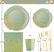 175-piece sage green and gold disposable party supplies set, including paper plates and napkins. Perfect for serving 25 guests, ideal for holiday, wedding, or birthday celebrations, adding a touch of elegance to your event.